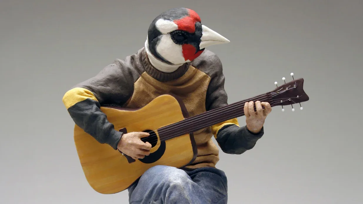 Ceramic bird sculpture by Alessandro Gallo combining human and animal forms