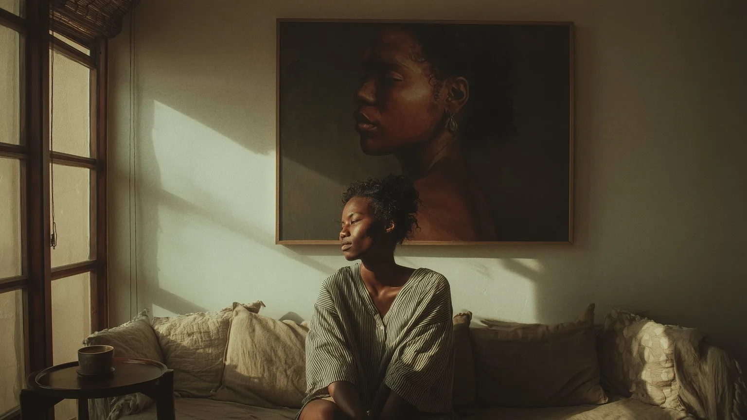 Large format portrait displayed in a living room showing the scale of the artwork