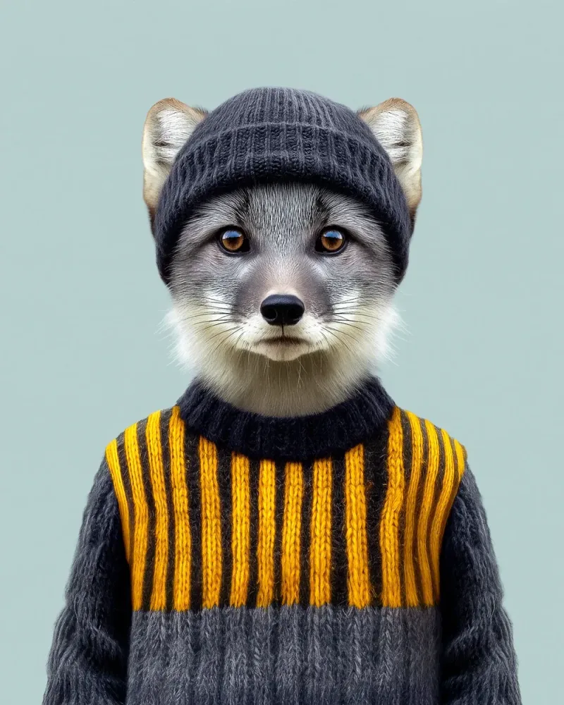 Retrato frontal y realista de un zorro ártico en su pelaje gris de verano, cara gris pizarra, mejillas y mentón color crema, ojos ámbar y trufa negra; lleva un gorro de punto gris antracita y un jersey grueso de punto gris con una franja de rayas verticales negras y mostaza en el pecho, sobre fondo verde celadón liso; mirada de frente. Es Otto, personaje de la serie Animal Kinhood de Yago Partal.