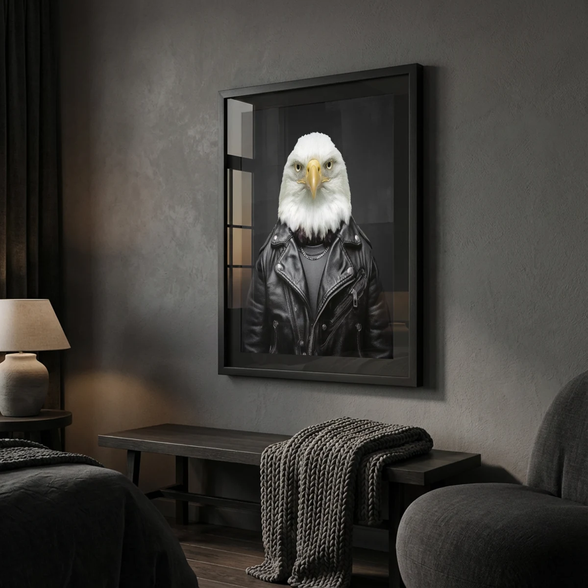 Animal Kinhood Black Edition, framed and hung in a living room